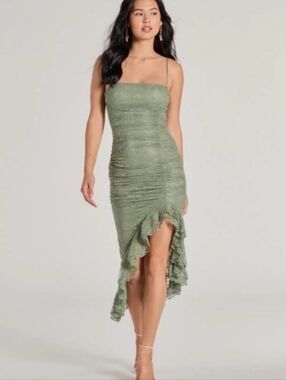 Windsor Sage Green Ruffle-Hem Lace Bodycon Dress
